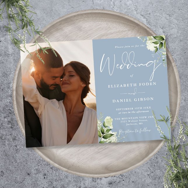Invitation Dusty Blue Greenery Floral Photo Mariage (Dusty Blue Greenery Floral Photo Wedding Invitation)