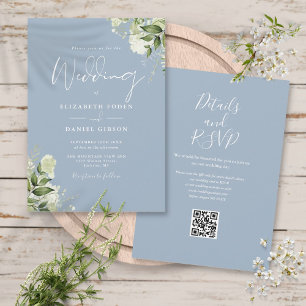 Invitation Dusty Blue Greenery Floral QR Code Mariage