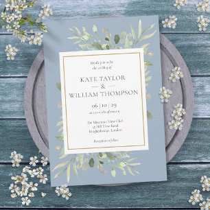 Invitation Dusty Blue Greenery Foliage Floral Mariage