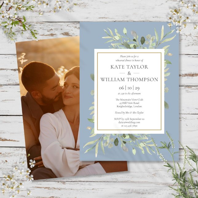 Invitation Dusty Blue Greenery Foliage Photo Répétition Dîner (Dusty Blue Greenery Foliage Photo Rehearsal Dinner Invitation)