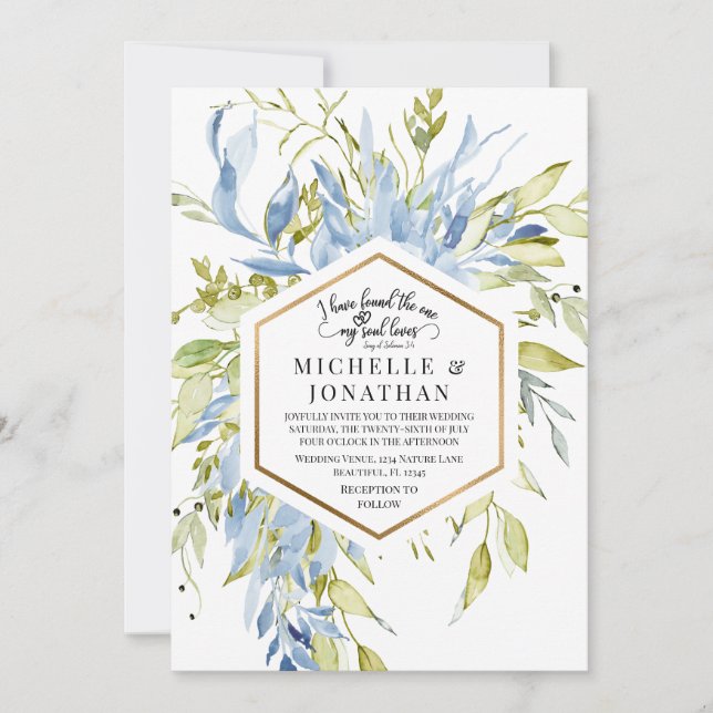 Invitation Dusty Blue Greenery Gold Frame Christian Mariage (Devant)