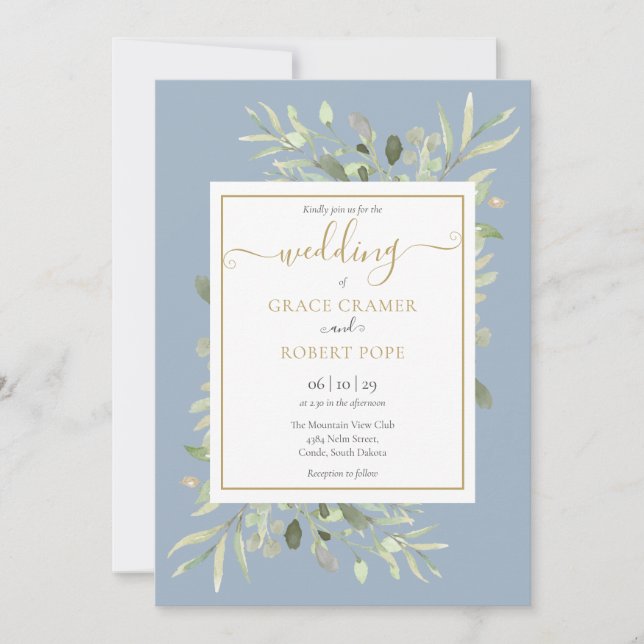 Invitation Dusty Blue Greenery Gold Mariage de script géométr (Devant)