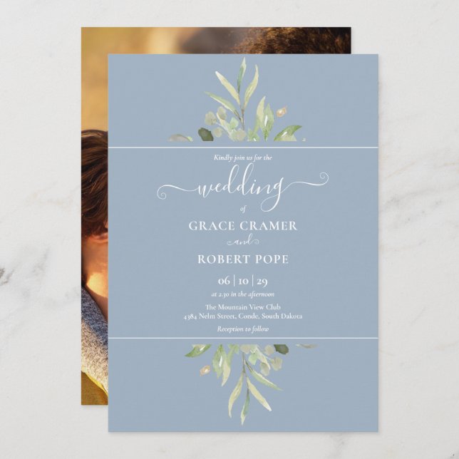 Invitation Dusty Blue Greenery Photo Gold Script Mariage (Devant / Derrière)