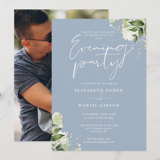 Invitation Dusty Blue Greenery Photo Mariage Soirée (Devant / Derrière)