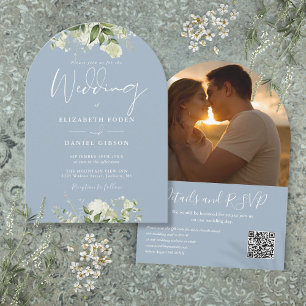 Invitation Dusty Blue Greenery QR Code Photo Arch Mariage