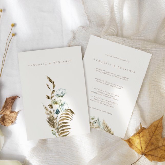 Invitation Dusty Blue Greenery & séché Pampas Grass Mariage (Dusty Blue Greenery & Dried Pampas Grass Wedding Invitation)