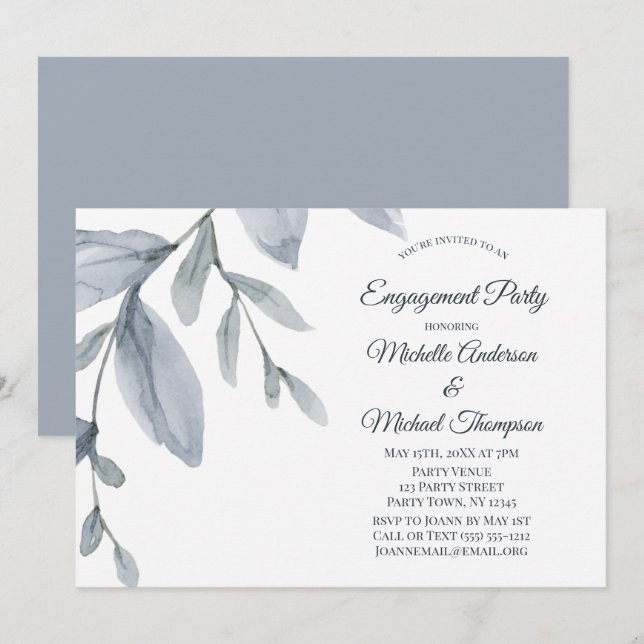 Invitation Dusty Blue Greenery Watercolor (Devant / Derrière)