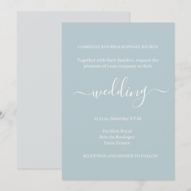 Invitation Dusty Blue Grey Blanc Minimaliste Élégant Mariage (Devant / Derrière)