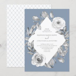 Invitation Dusty Blue Grey Floral Diamond Mariage