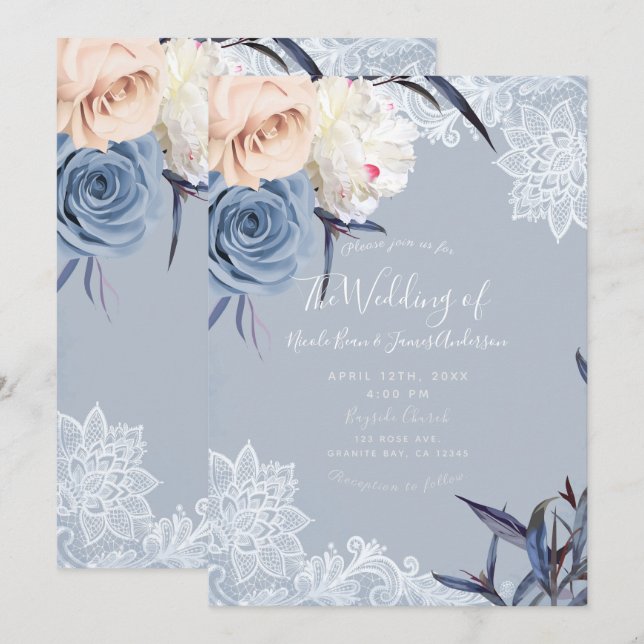 Invitation Dusty Blue Grey & Peach Floral Lace Mariage (Devant / Derrière)