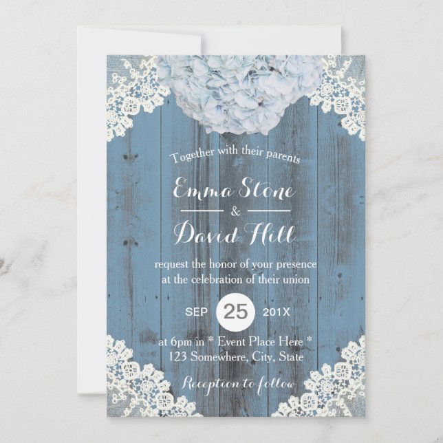 Invitation Dusty Blue Hydrangea Floral dentelle grange Mariag (Devant)