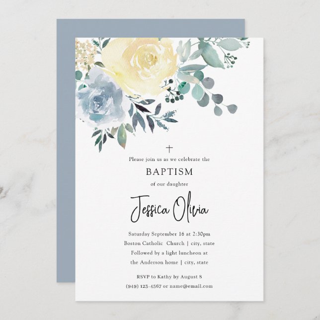 Invitation Dusty Blue Ivory Floral Greenerm Baptême (Devant / Derrière)