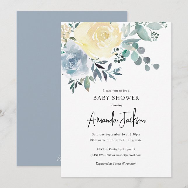 Invitation Dusty Blue Ivory Floral Greenery Baby shower garço (Devant / Derrière)