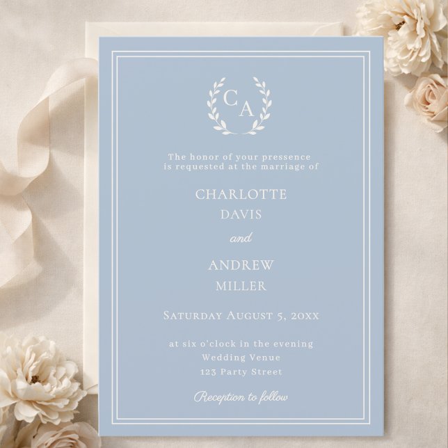 Invitation Dusty blue ivory wreath monogram simple wedding  (Créateur téléchargé)