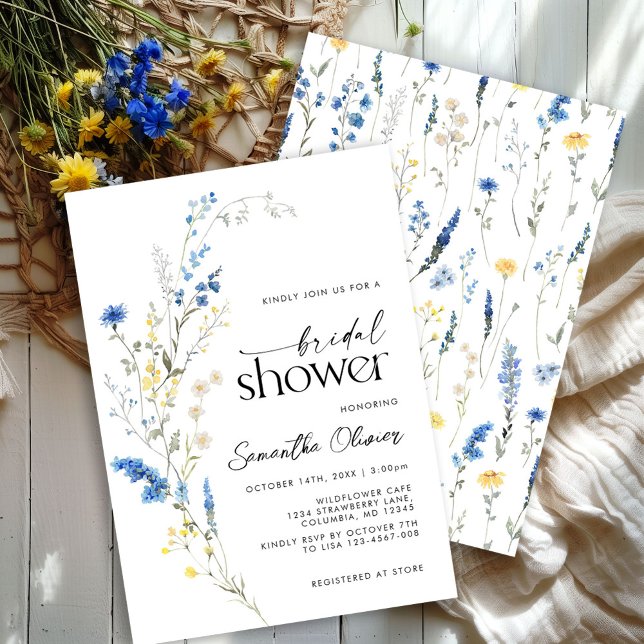 Invitation Dusty Blue Jellow Dainty Floral Boho Fête des mari (Créateur téléchargé)