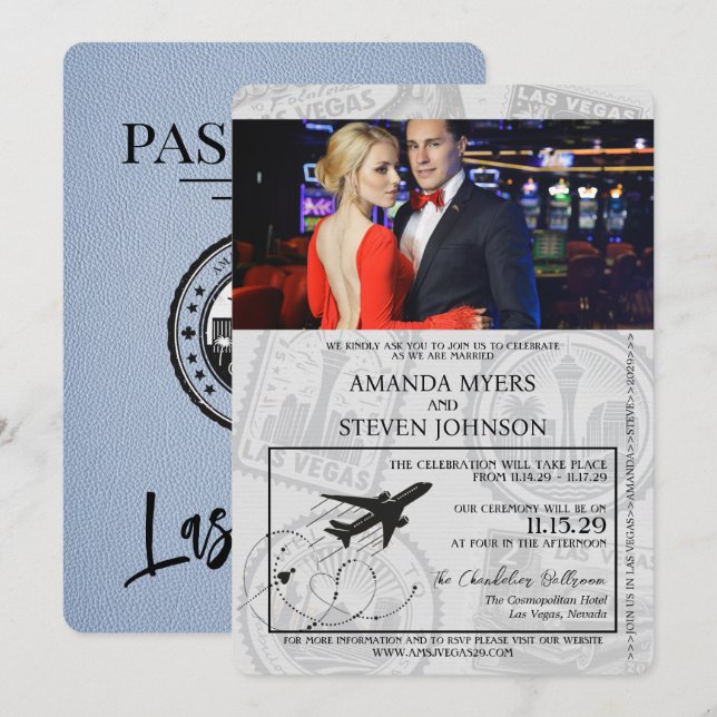Invitation Dusty Blue Las Vegas Passport Mariage (Devant / Derrière)