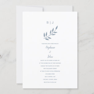 Invitation Dusty Blue Leaf Monogramme Nom Simple Mariage 2024