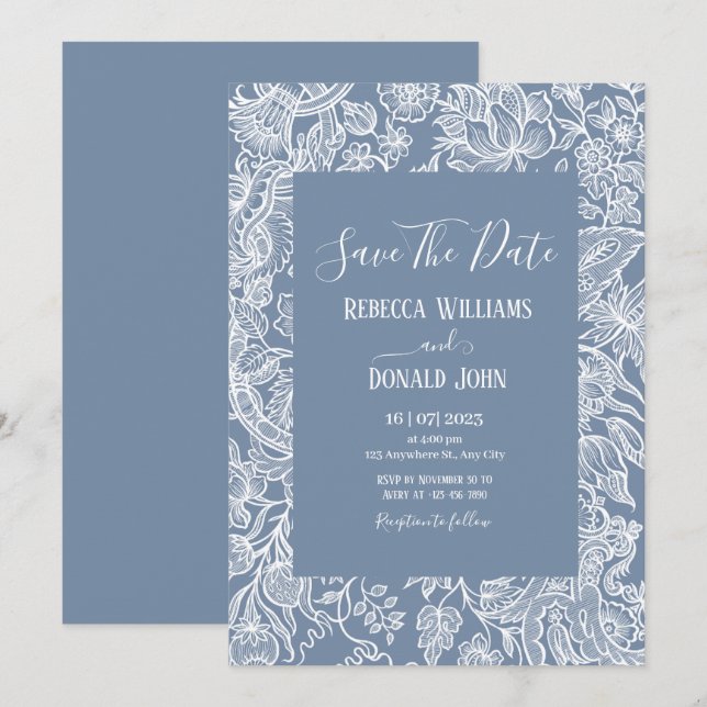 Invitation Dusty Blue Line Art Fleur sauvage chinoiserie flor (Devant / Derrière)