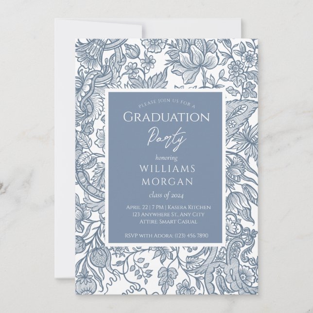 Invitation Dusty Blue Line Art Fleur sauvage Floral (Devant)