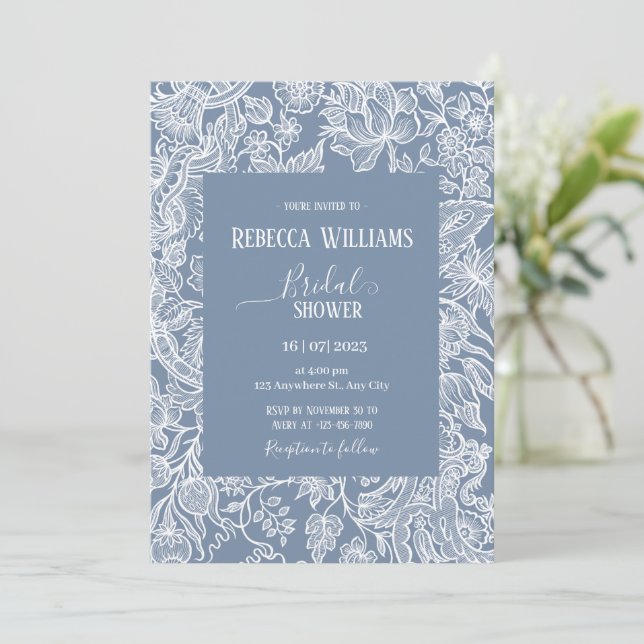 Invitation Dusty Blue Line Art Fleur sauvage Floral Bridal (Debout devant)