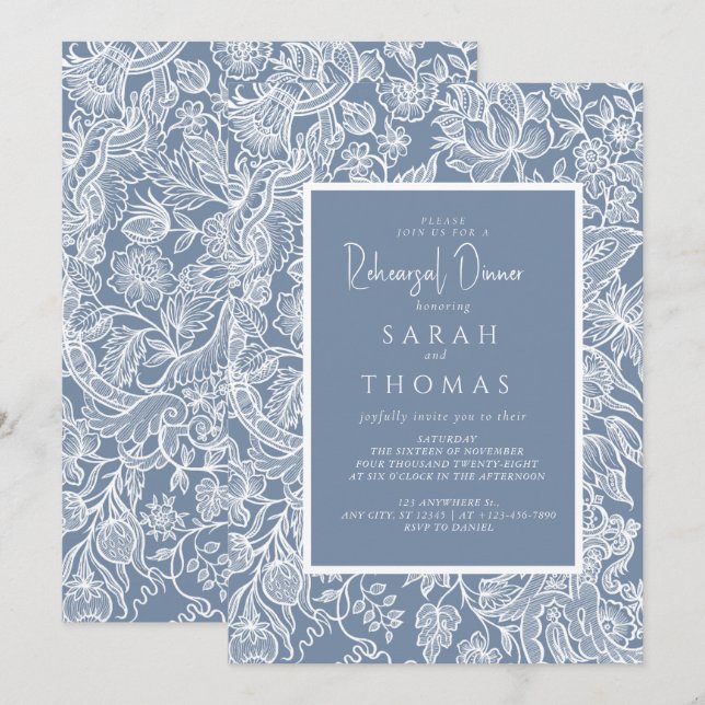Invitation Dusty Blue Line Fleurs sauvages d'art (Devant / Derrière)