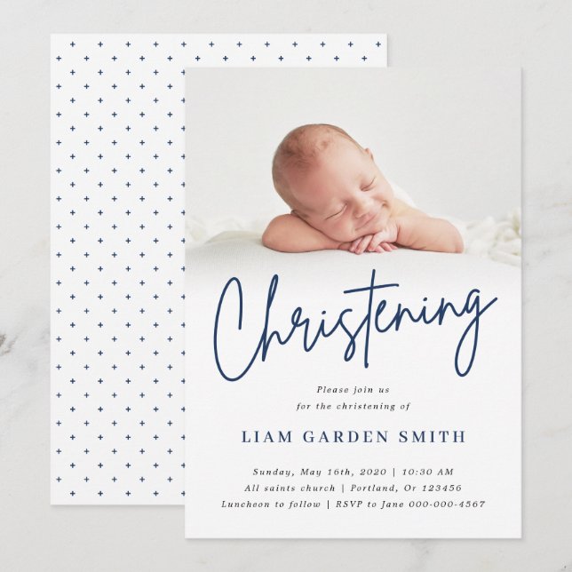 Invitation Dusty Blue manuscrit Script Christening Boy (Devant / Derrière)