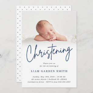 Invitation Dusty Blue manuscrit Script Christening Boy