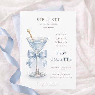 Invitation Dusty Blue Martini Coquette Baby Boy Sip and See 