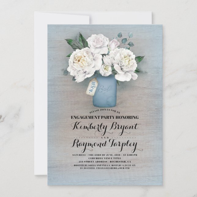 Invitation Dusty Blue Mason Jar Rustic Engagement (Devant)
