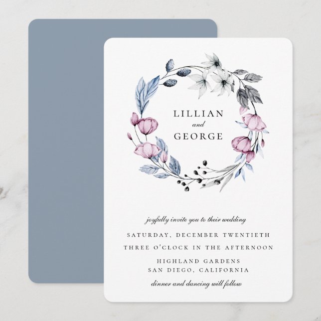 Invitation Dusty Blue Mauve Floral Mariage de couronne (Devant / Derrière)