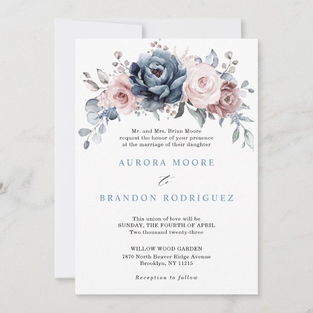 Invitation Dusty Blue Mauve Rose rose ardoise Mariage floral  (Devant)