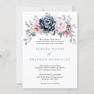 Invitation Dusty Blue Mauve Rose rose ardoise Mariage floral