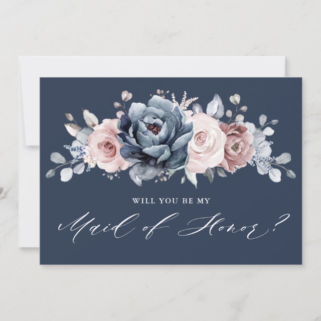 Invitation Dusty Blue Mauve Rose Serez-vous ma servante d'hon (Devant)