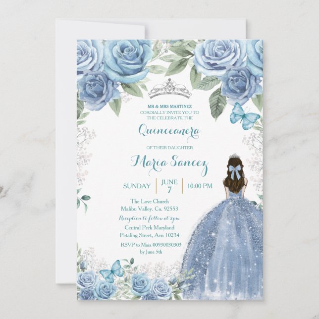 Invitation Dusty Blue Mexicaine fille Charra Mis Quince (Devant)