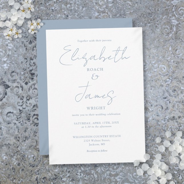 Invitation Dusty Blue Minimalist Élégant Mariage de script (Dusty Blue Minimalist Elegant Script Wedding Invitation)