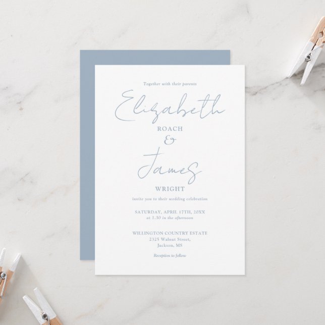 Invitation Dusty Blue Minimalist Elegant QR Code Mariage (Devant/Arrière en situation)