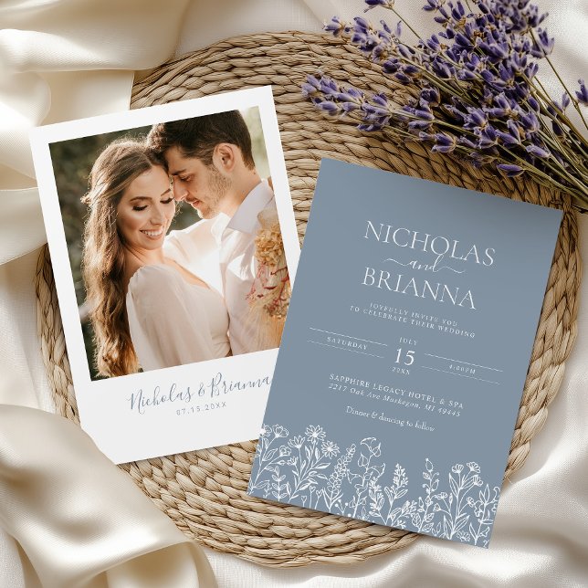 Invitation Dusty Blue Minimalist Fleur sauvage photo Mariage (Créateur téléchargé)