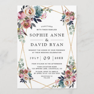 Invitation Dusty Blue Misty Rose Floral Mariage or