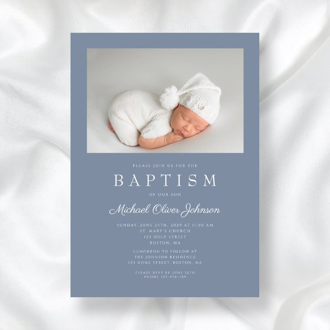 Invitation Dusty Blue Modern Boy Photo Baptême (Dusty Blue Modern Boy Photo Baptism Invitation)