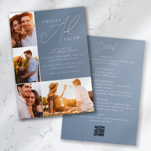 Invitation Dusty Blue Modern Photo QR Code Tout en un Mariage