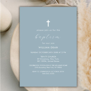 Invitation Dusty Blue Modern Script Boho Gold Cross Baptême
