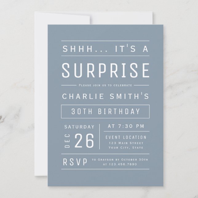 Invitation Dusty Blue Modern Typographie Surprise Anniversair (Devant)