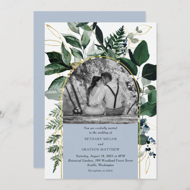 Invitation Dusty Blue moderne arch jardin photo mariage (Devant / Derrière)
