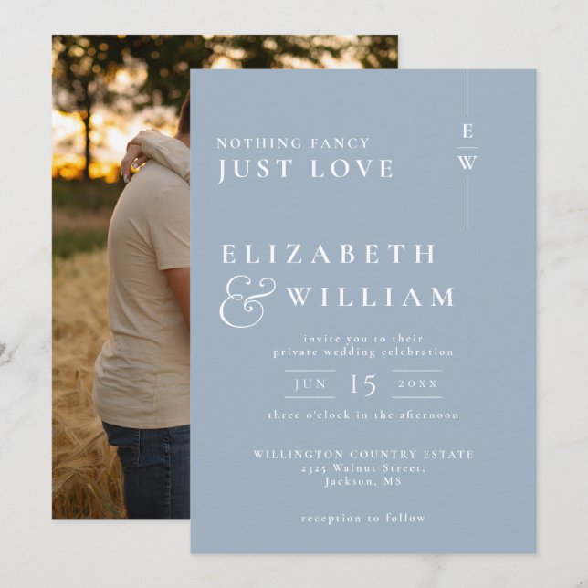 Invitation Dusty Blue Moderne Monogramme Photo Mariage intime (Devant / Derrière)