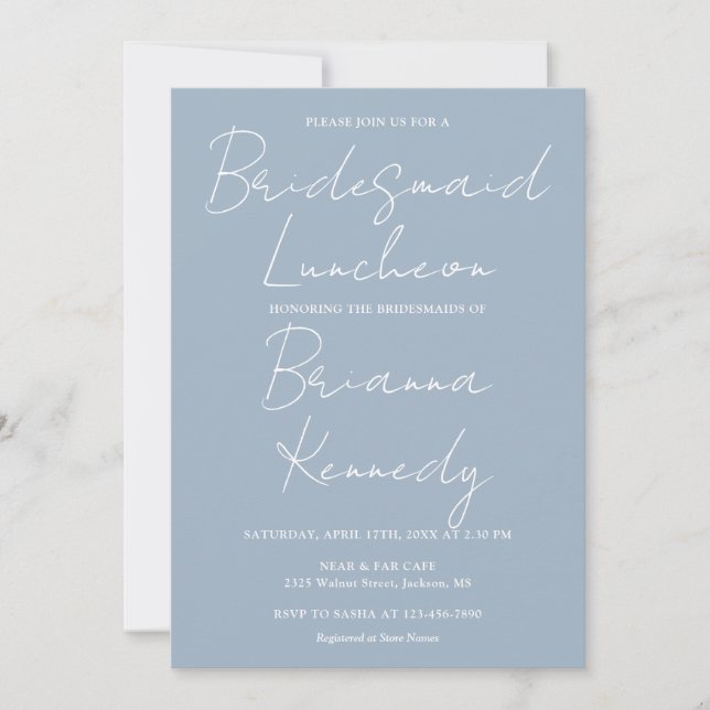 Invitation Dusty Blue Moderne Script Bridesservantes Déjeuner (Devant)