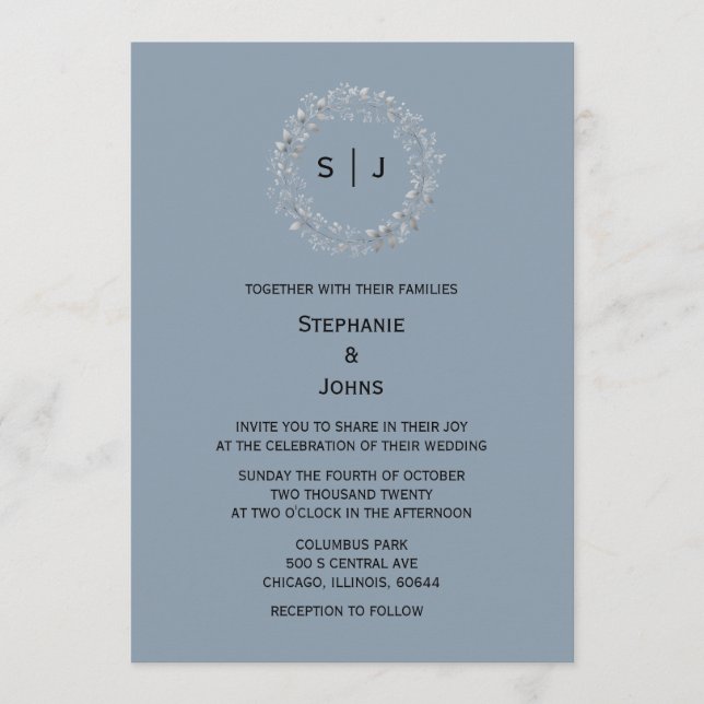 Invitation Dusty Blue Monogram Leaf Crest Elegant Wedding (Devant)