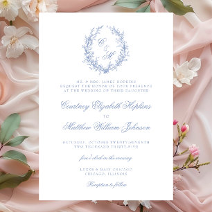 Invitation Dusty Blue Monogram Mariage de couronne botanique
