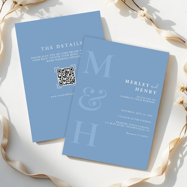 Invitation Dusty Blue Monogram QR Code All In One Wedding (Créateur téléchargé)