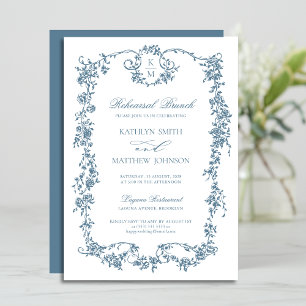Invitation Dusty Blue Monogram Vintage Frame Rehearsal Brunch