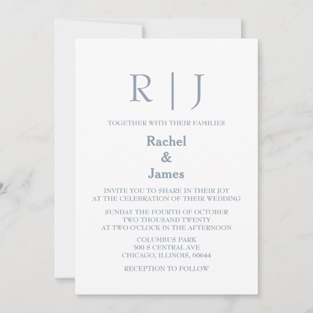 Invitation Dusty Blue Monogramme QR Code Classy Minimal Maria (Devant)